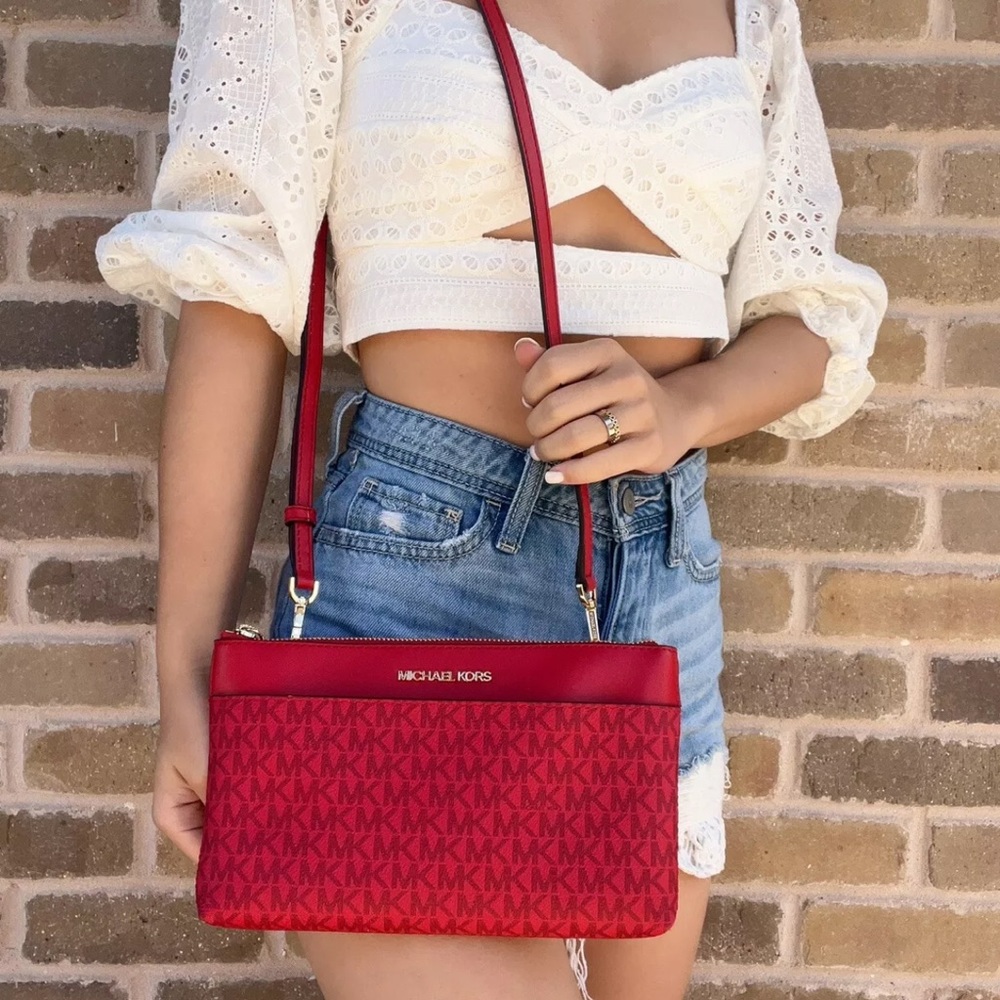 Michael Kors Maisie 3 in 1 Tote Large Leather Bag Flame Red - Picture 7 of 13